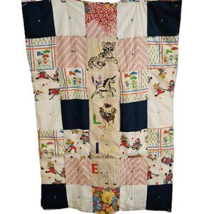 Vintage Handmade Patchwork & Cross Stitch Animals Baby Name Crib Quilt Blanket